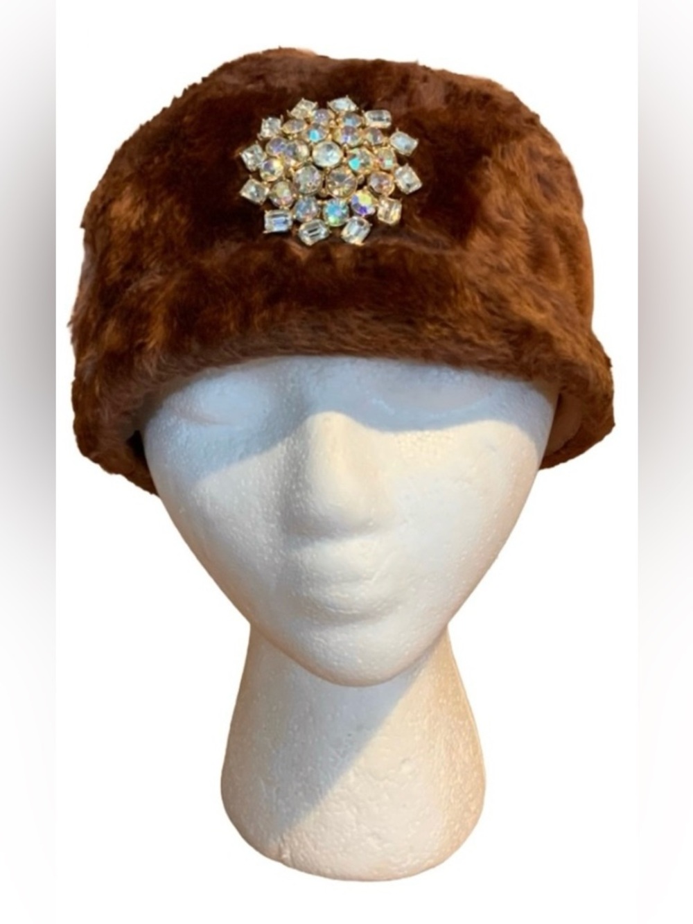 VINTAGE 1960'S HB SELENE BROWN BEAVER FUR PILL BOX HAT W/RHINESTONE DECORATION